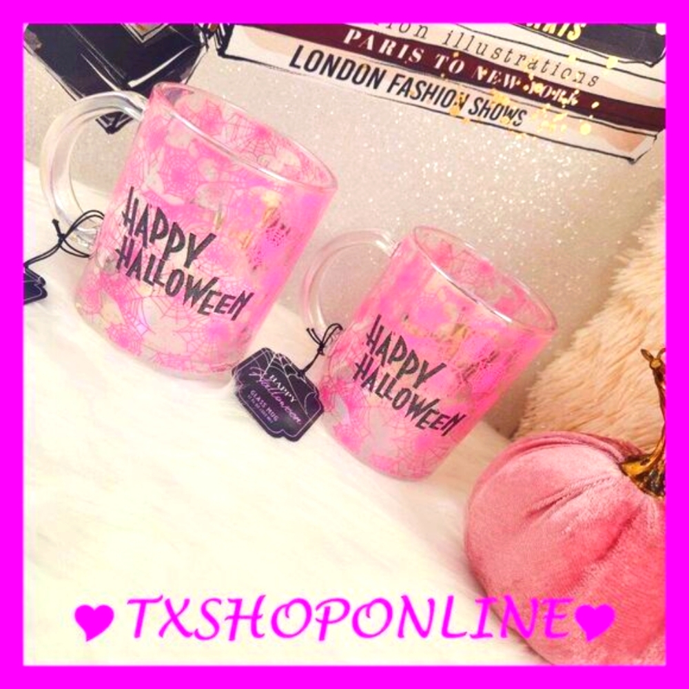 💗☕{HAPPY HALLOWEEN} 2 pc pink webs coffee glass mug☕💗 NEW